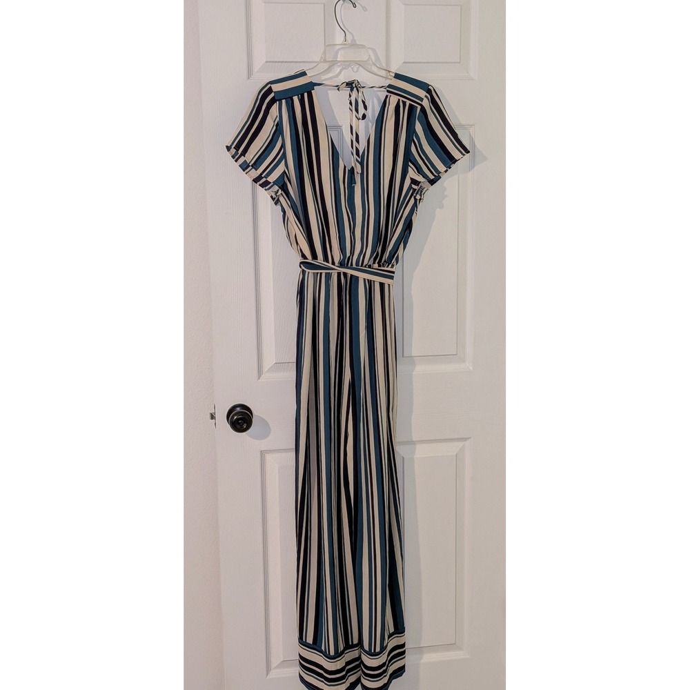 Bailey Blue Striped Surplice Jumpsuit Tie Waist Comfy Casual Career Size L NWT - Picture 3 of 8